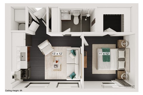Floor plan for 1 bed, 1 bath, 472 sqft